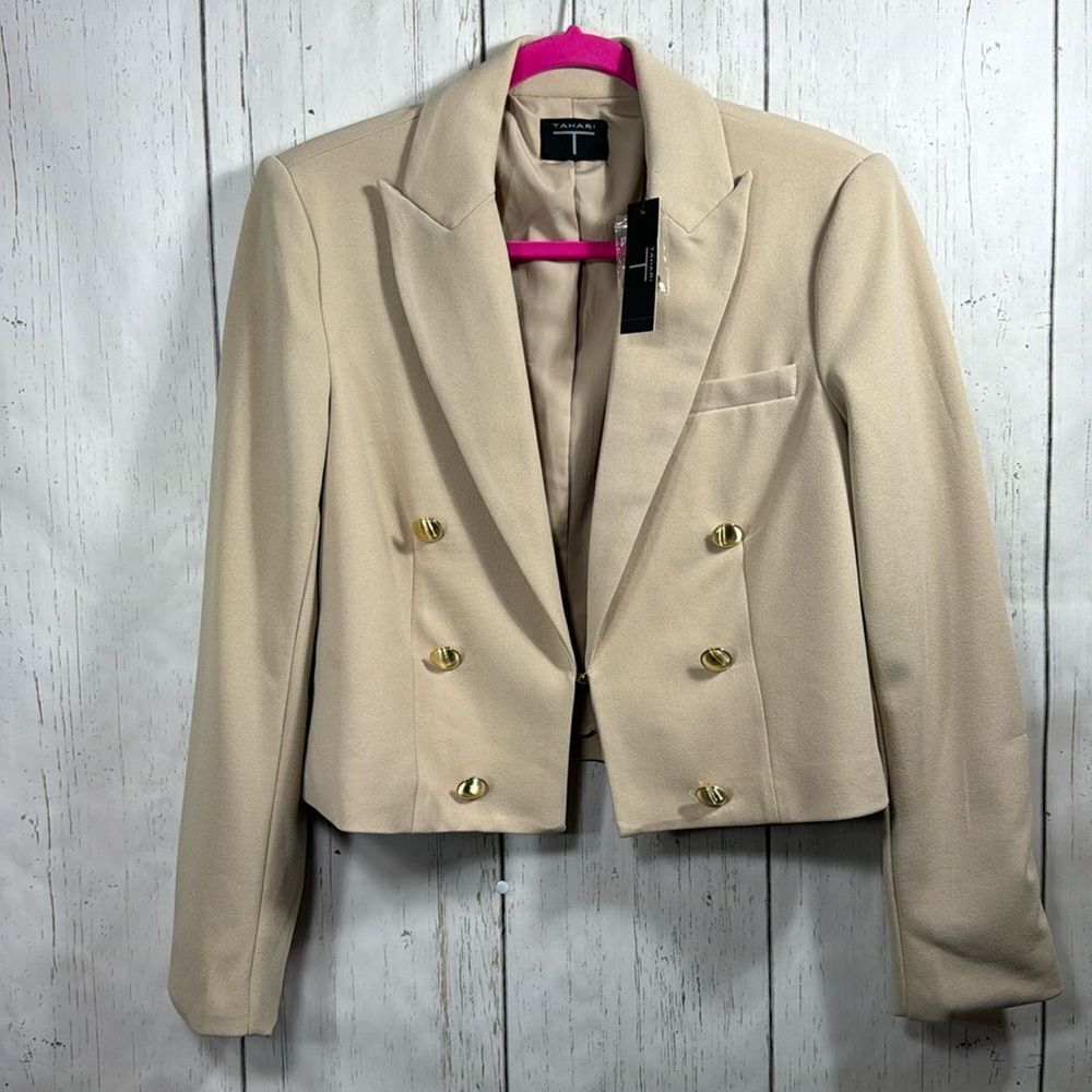 Tahari Cropped Beige Double Breasted Blazer Gold Buttons NWT Office Classic